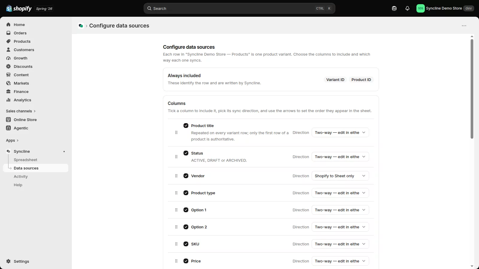 Syncline's column configuration: each field has a direction, with Vendor set to Shopify to Sheet only.