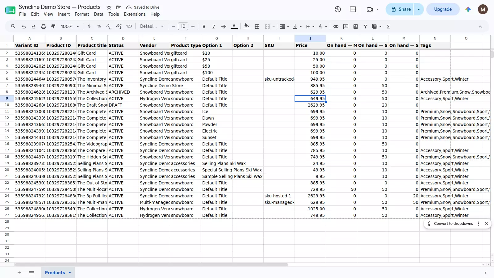 A price being typed into the Price column of the Syncline sheet.